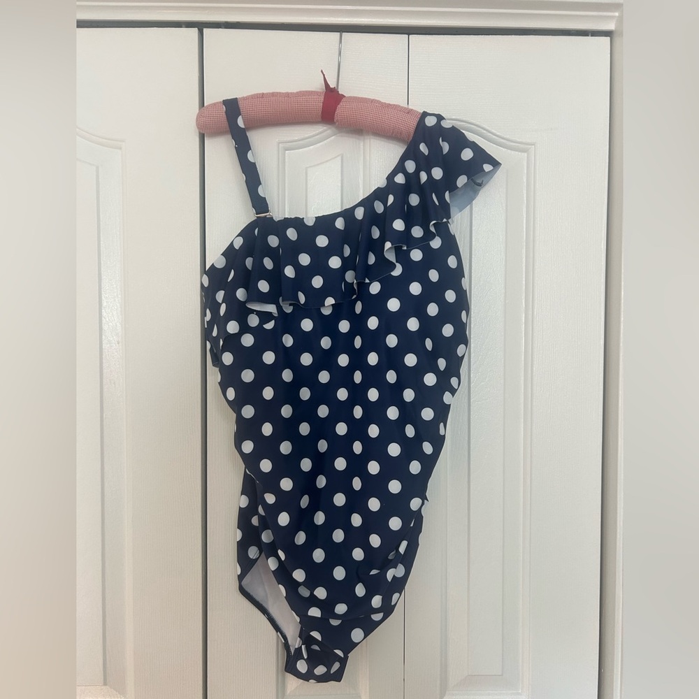 New Aqua Eve convertible one shoulder ruffle navy polka dot swimsuit 1pc sz 22
